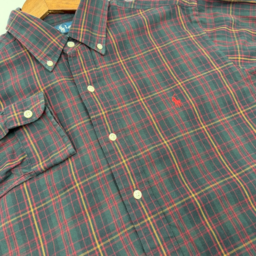 Polo Ralph Lauren Mens Large Classic Fit Plaid Button Down Shirt Green Red Pony